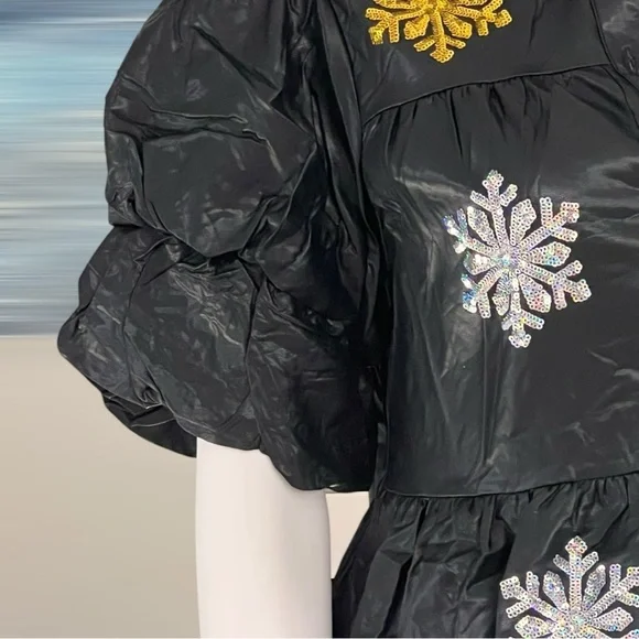 PEACH LOVE CALIFORNIA pleather black sequin snowflake holiday mini dress S M L - Picture 10 of 13